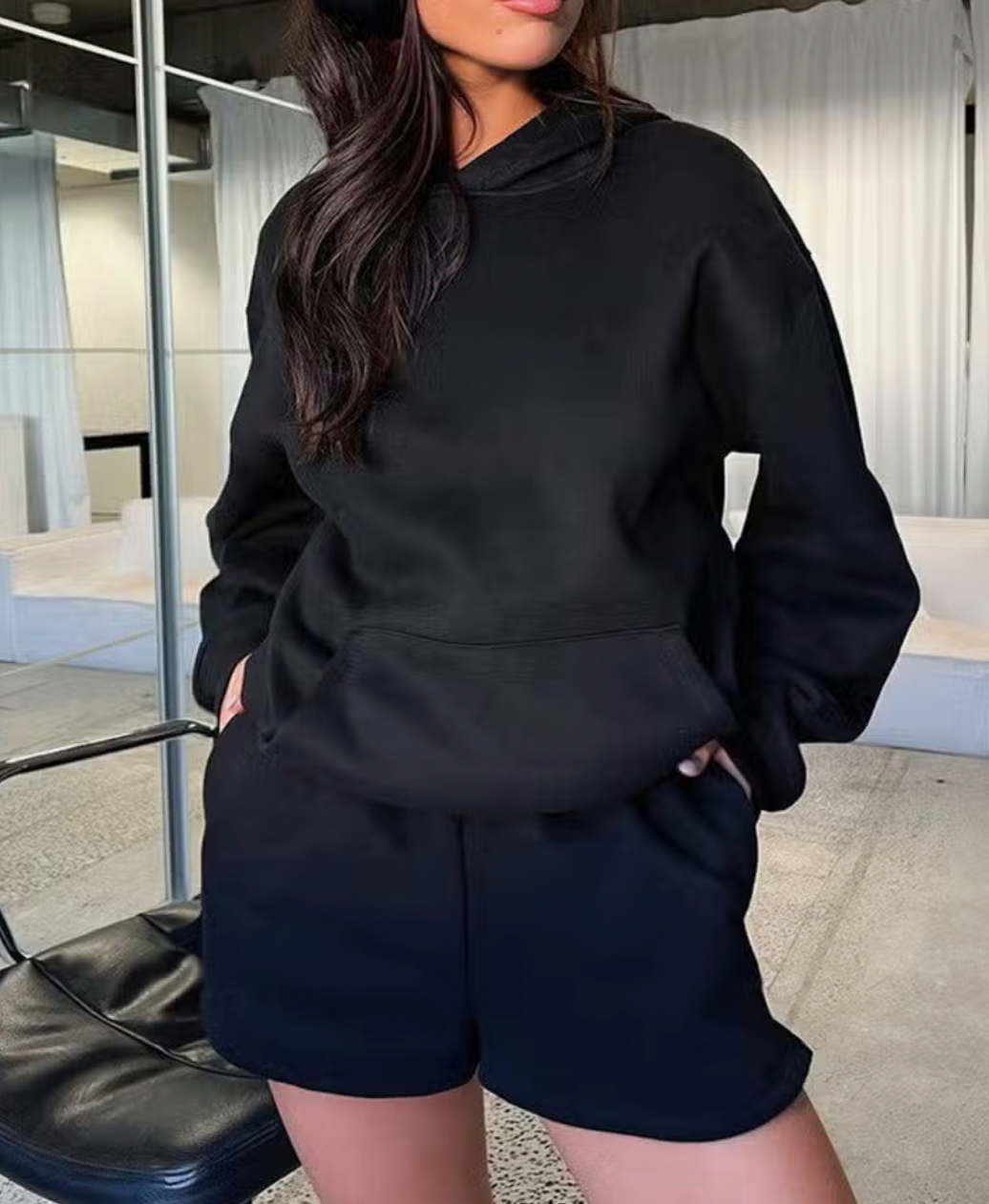 Black Hooded Sweatshirt Set