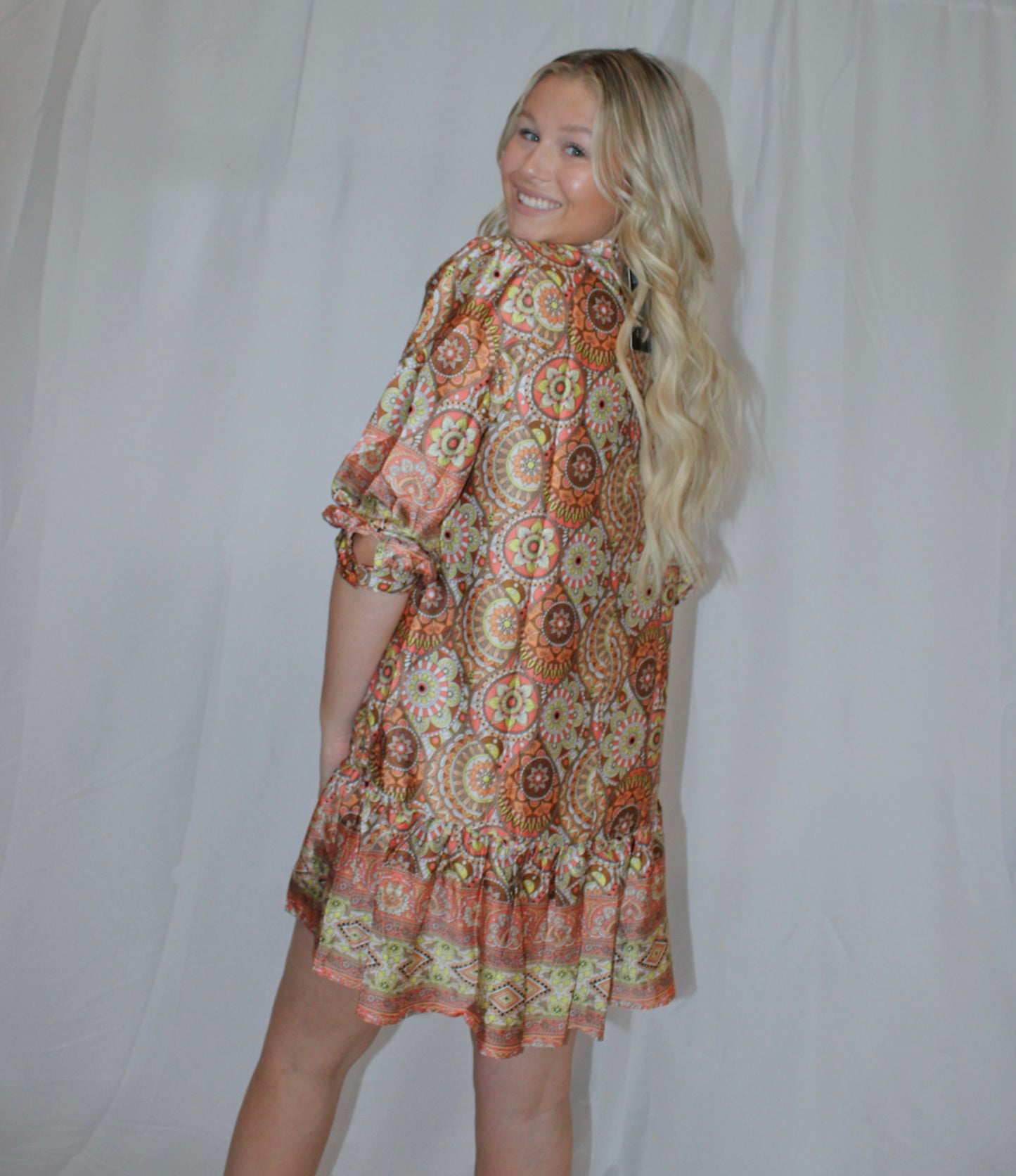 Brown Aztec Printed Collared Tie Neck Dress